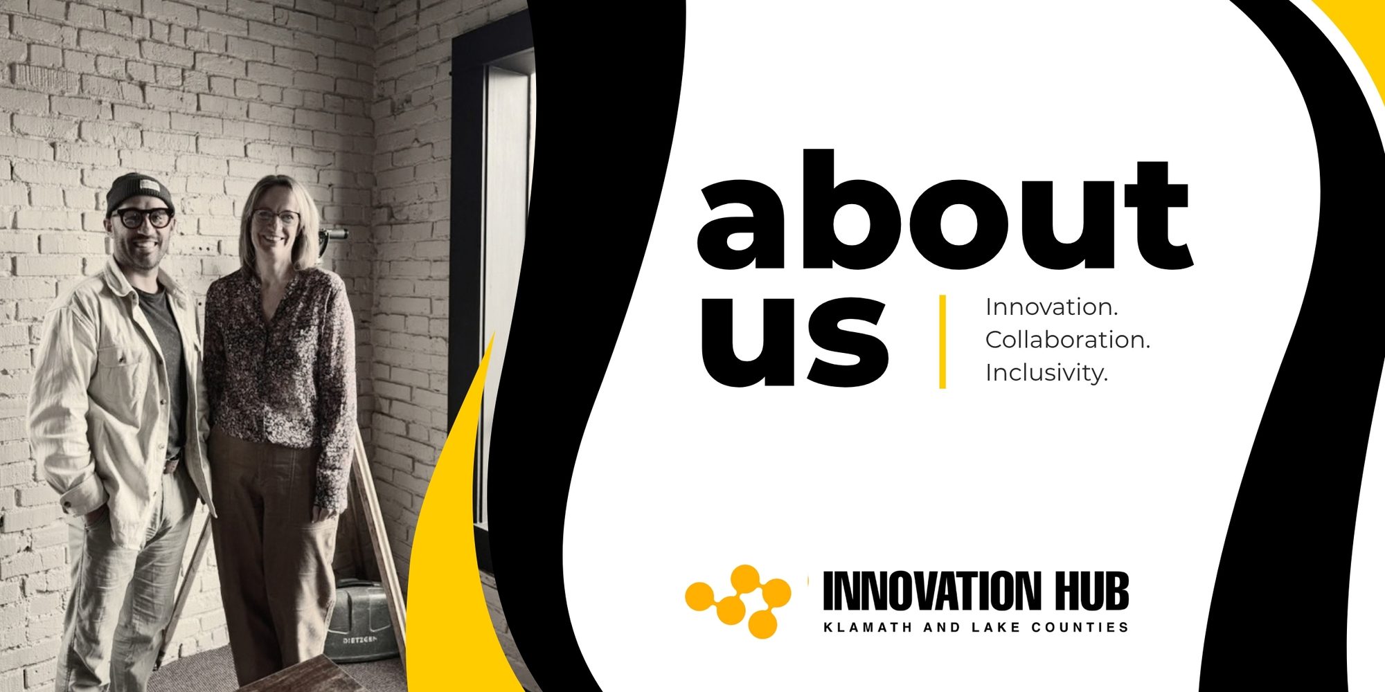 About us: Innovation. Collaboration. Inclusivity. Innovation Hub, Klamath and Lake Counties, with a photo of two people standing by a brick wall.